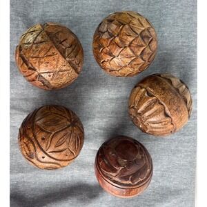 Set of 5 Decorative Carved Wooden 4" Spheres Orbs Vintage Rustic Decor Accents